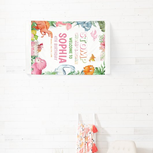 Roze Dinosaurus Verjaardag Uitnodiging Meisje Dino Spandoek (Insitu)