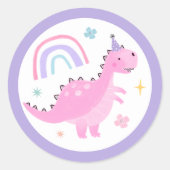 Roze Dinosaurus Verjaardagsfeestgunsten Ronde Sticker (Voorkant)