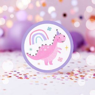 Roze Dinosaurus Verjaardagsfeestgunsten Ronde Sticker