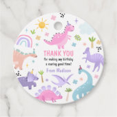 Roze Dinosaurus Verjaardagsfeestje Bedankjes Labels (Voorkant)