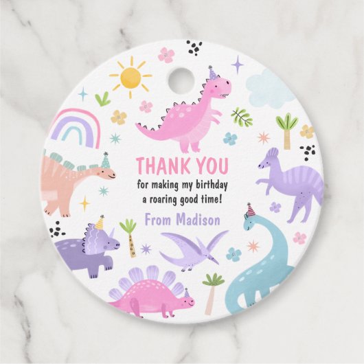 Roze Dinosaurus Verjaardagsfeestje Bedankjes Labels (Voorkant)