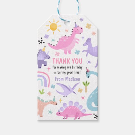 Roze Dinosaurus Verjaardagsfeestje Cadeaulabel (Voorkant)