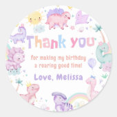 Roze Dinosaurus Verjaardagsfeestje Dank u Ronde Sticker (Voorkant)