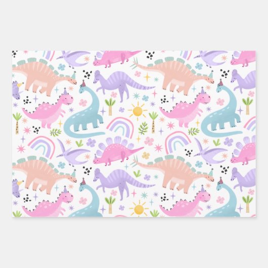 Roze Dinosaurus Verjaardagsfeestje Inpakpapier Vel (Voorkant 3)
