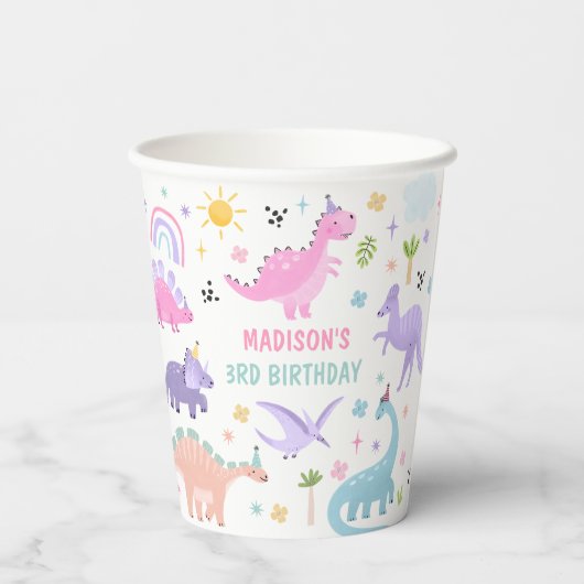 Roze Dinosaurus Verjaardagsfeestje Papieren Bekers (Achterkant)