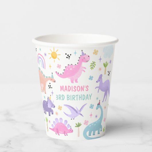 Roze Dinosaurus Verjaardagsfeestje Papieren Bekers (Voorkant)