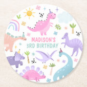 Roze Dinosaurus Verjaardagsfeestje Ronde Kartonnen Onderzetter (Voorkant)