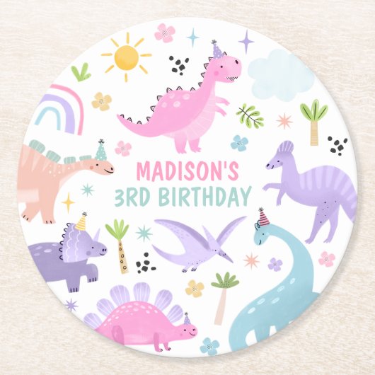 Roze Dinosaurus Verjaardagsfeestje Ronde Kartonnen Onderzetter (Voorkant)