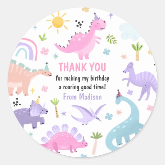 Roze Dinosaurus Verjaardagsfeestje Ronde Sticker (Voorkant)