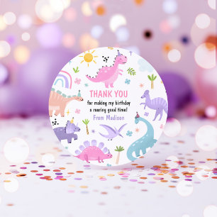 Roze Dinosaurus Verjaardagsfeestje Ronde Sticker