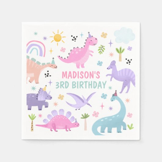 Roze Dinosaurus Verjaardagsfeestje Servet (Voorkant)