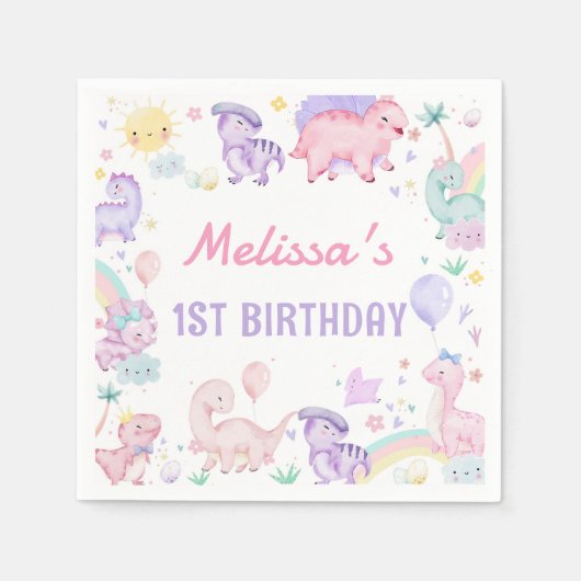 Roze Dinosaurus Verjaardagsfeestje Servetten (Voorkant)