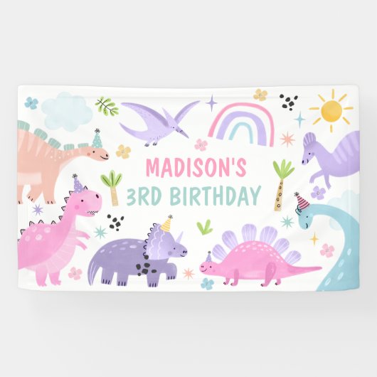 Roze Dinosaurus Verjaardagsfeestje Spandoek