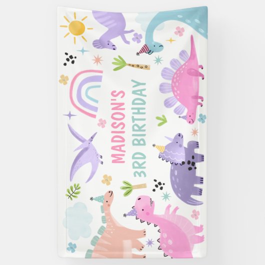 Roze Dinosaurus Verjaardagsfeestje Spandoek (Verticaal)