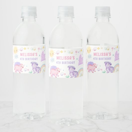 Roze Dinosaurus Verjaardagsfeestje Waterfles Label Waterfles Etiket (Flessen)