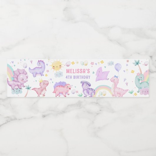Roze Dinosaurus Verjaardagsfeestje Waterfles Label Waterfles Etiket (Enkel label)
