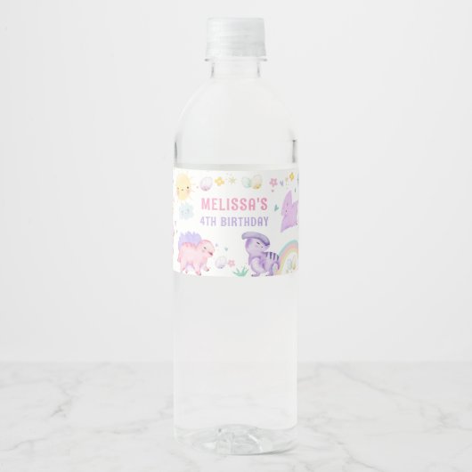 Roze Dinosaurus Verjaardagsfeestje Waterfles Label Waterfles Etiket (Voorkant)