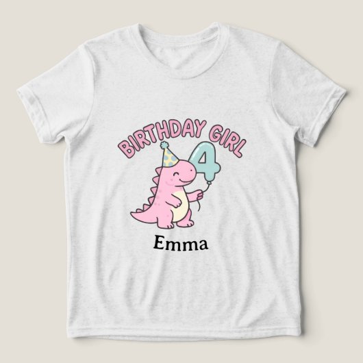 Roze dinosaurus verjaardagsmeisje leeftijd 4 – Kin Tri-Blend Shirt (Design voorkant)