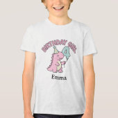Roze dinosaurus verjaardagsmeisje leeftijd 4 – Kin Tri-Blend Shirt (Voorkant)