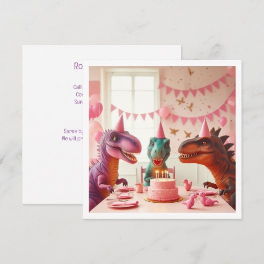 Roze dinosaurus verjaardagsuitnodiging, dinosaurus kaart (Voorkant / Achterkant)