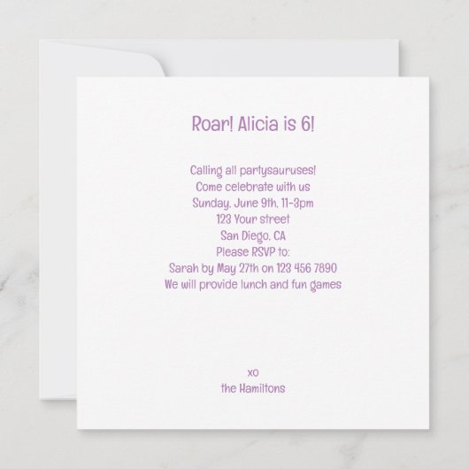 Roze dinosaurus verjaardagsuitnodiging, dinosaurus kaart (Achterkant)