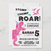 Roze dinosaurus verjaardagsuitnodiging kaart (Voorkant)