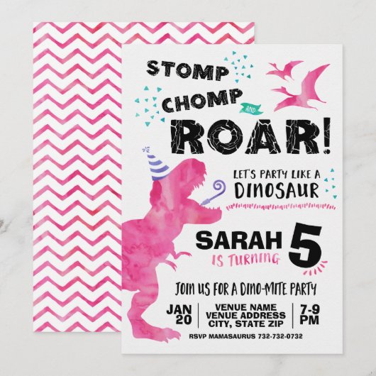 Roze dinosaurus verjaardagsuitnodiging kaart (Voorkant / Achterkant)