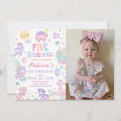 Roze Dinosaurus Vijf A-Saurus Verjaardagsfeestfoto Kaart (Voorkant)