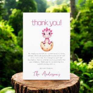 Roze dinosaurus waterverf baby shower bedankkaart