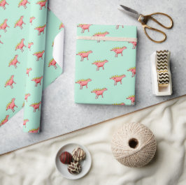 Roze dinosauruspatroon op bleek blauw cadeaupapier