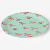 Roze dinosauruspatroon op bleek blauw papieren bordje (Gekanteld)