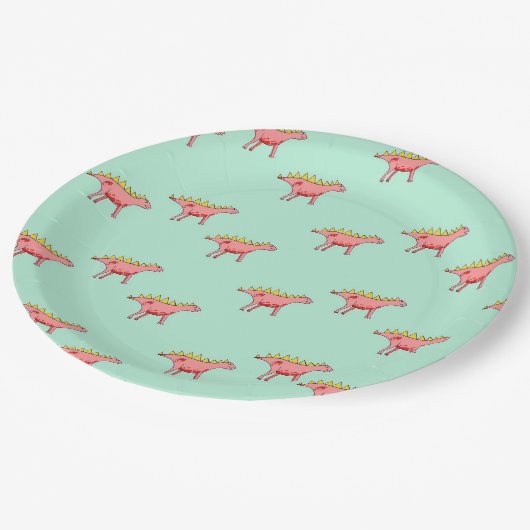 Roze dinosauruspatroon op bleek blauw papieren bordje (Gekanteld)