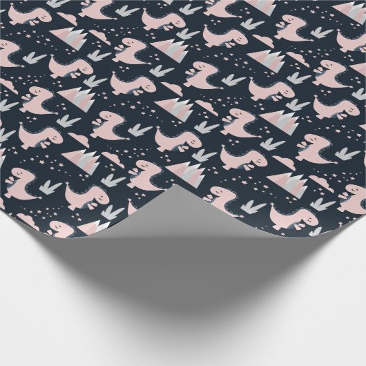 Roze dinosaurussen, donkere achtergrond, schattig cadeaupapier (Hoek)