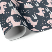 Roze dinosaurussen, donkere achtergrond, schattig cadeaupapier (Rol Hoek)