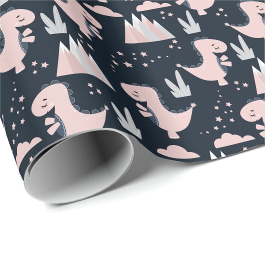 Roze dinosaurussen, donkere achtergrond, schattig cadeaupapier (Rol Hoek)