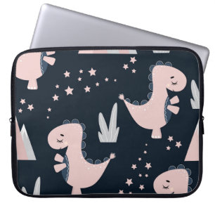 Roze dinosaurussen, donkere achtergrond, schattig laptop sleeve