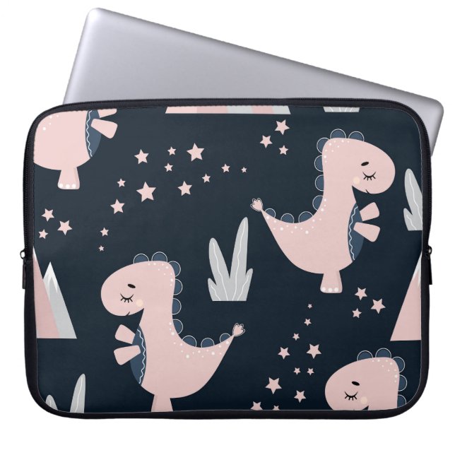 Roze dinosaurussen, donkere achtergrond, schattig laptop sleeve (Voorkant)