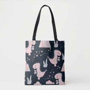Roze dinosaurussen, donkere achtergrond, schattig tote bag