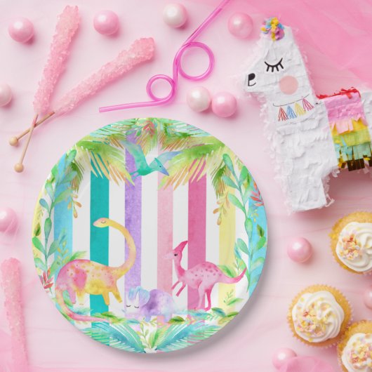 Roze dinosaurussen en pastelstroken Bord van papie (Feest)