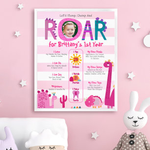Roze Dinosaurussen Foto Meisje 1e Verjaardag Miles Poster