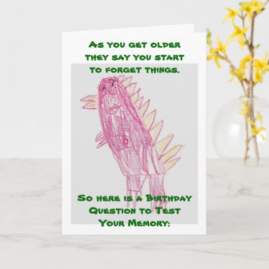 Roze Dinosaurussen Verjaardagquiz Kaart (Gele Bloem)