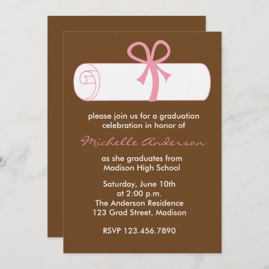 Roze Diploma Afstuderen Uitnodigingen (Voorkant / Achterkant)