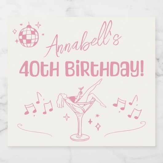 Roze Disco 40e Verjaardagsfeestje Hand getrokken D Sparkling Wijnetiket (Enkel label)