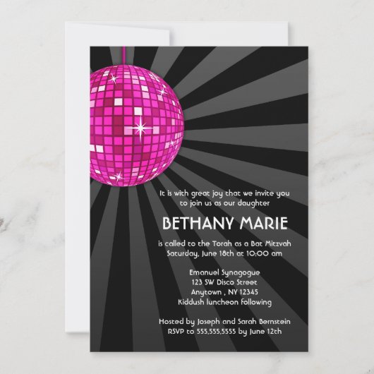 Roze Disco Bal Bat Mitzvah Uitnodigingen (Voorkant)