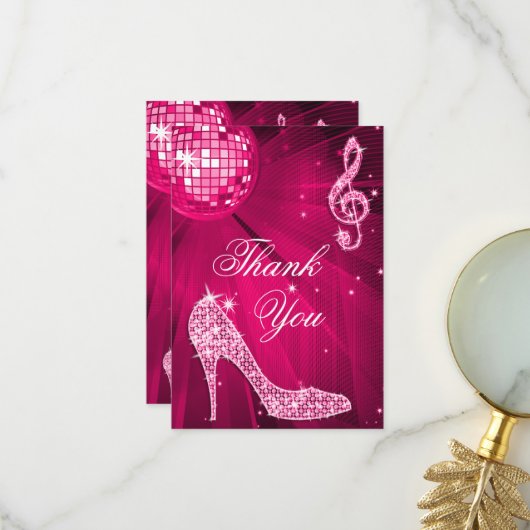 Roze Disco Bal Glitter Hakken Dank Je Bedankkaart (Voorkant / Achterkant in situ)