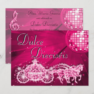 Roze Disco Bal, Prinses Koets & Paarden Sweet 16 Kaart
