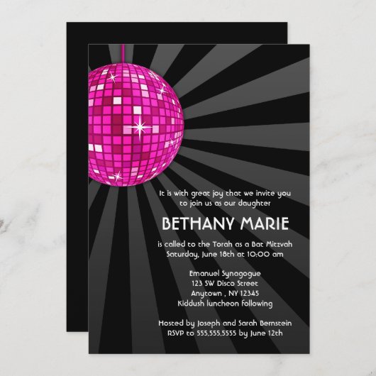 Roze Disco Ball Bat Mitzvah Kaart (Voorkant / Achterkant)