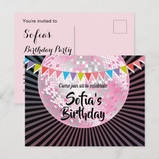 roze disco ball Briefkaart - uitnodiging (Voorkant / Achterkant)