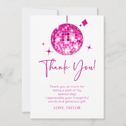 Roze Disco Ball Laten we Disco Verjaardagsfeestje Bedankkaart (Voorkant)