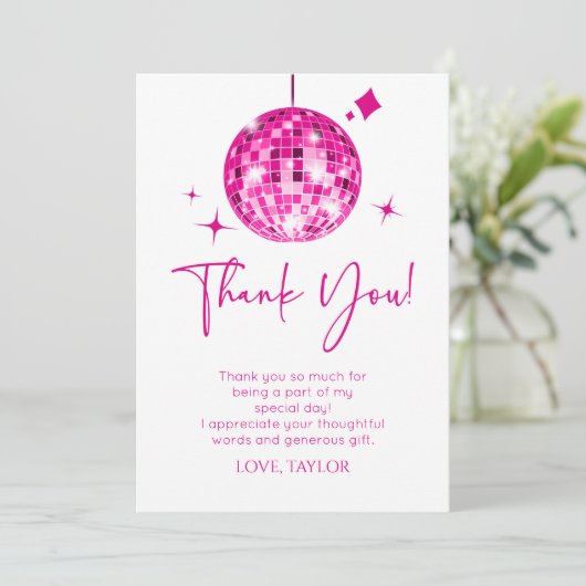 Roze Disco Ball Laten we Disco Verjaardagsfeestje Bedankkaart (Staand voorkant)